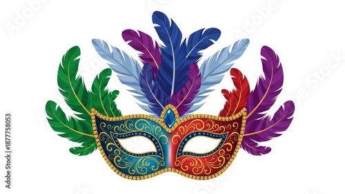 Vibrant mardi gras masquerade ball mask with colorful feathers and gold accents on white background for party and carnival celebrations