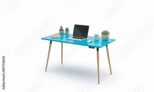 Modern turquoise desk with laptop and plants
