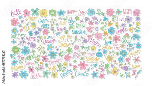 Floral Positivity: An array of floral motifs adorned with uplifting words like joy, bloom, and happy, painted in a vibrant spectrum of colors that bring out an atmosphere of positivity and happiness.