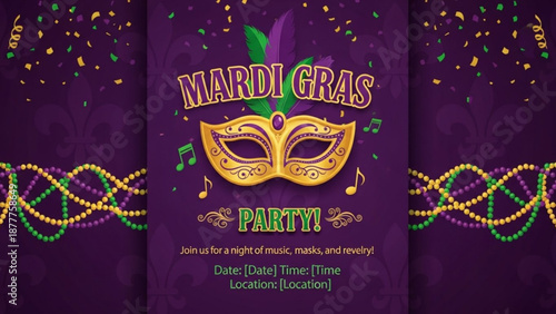Vibrant mardi gras party invitation with mask and beads on purple background for carnival celebration