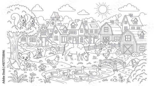 Wallpaper Mural Black and white illustration of a countryside village with animals and buildings Torontodigital.ca