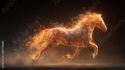 Chinese traditional lunar new year Spring Festival celebration in Asia. A majestic horse engulfed in flames against a stark black background, creating a captivating visual effect.