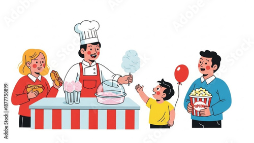 Family enjoying cotton candy and snacks at a colorful fair food stand with a chef