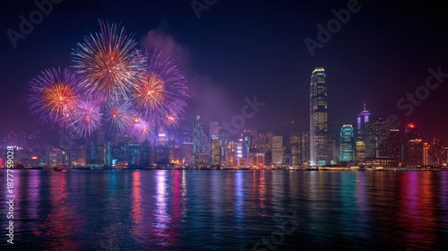 Chinese traditional lunar new year Spring Festival celebration in Asia. A vibrant night scene of a city skyline illuminated by the lights of the towering skyscrapers, reflecting off the water below.