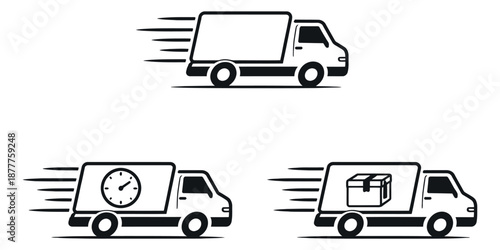 Line art delivery truck icons set featuring trucks in motion with a clock and a package for shipping and logistics concepts