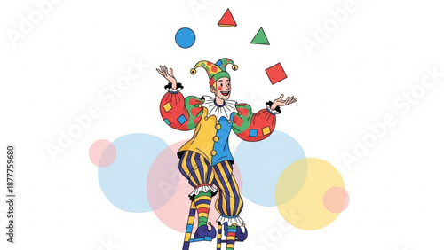 Jester juggling colorful balls and shapes in vibrant costume with striped pants and hat