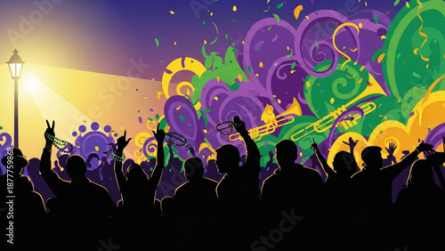 Mardi gras celebration silhouettes with vibrant purple green and yellow swirls at dusk