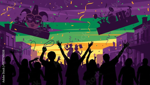 People celebrating mardi gras with colorful confetti and festive atmosphere in a city street at sunset