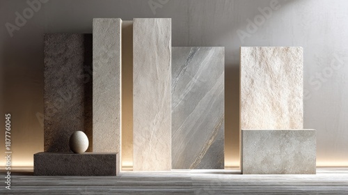 Minimal modern interior scene with geometric stone blocks and soft light, empty podium display background