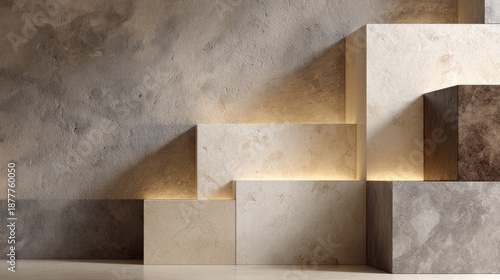 Minimal modern interior scene with geometric stone blocks and soft light, empty podium display background
