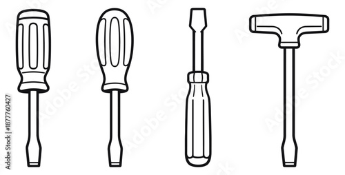 Line art screwdriver set featuring various flat head and T-handle drivers for repair and handyman work
