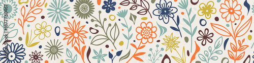 Seamless border of flowers and leaves, hand drawn plant elements, vector design