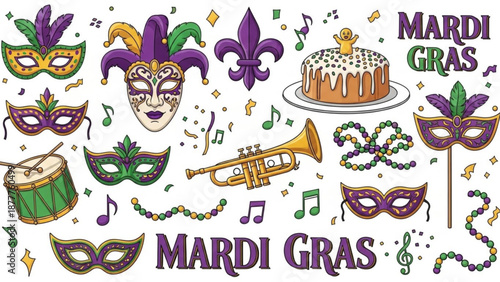 Vibrant mardi gras celebration elements with masks cake beads and music notes on white background