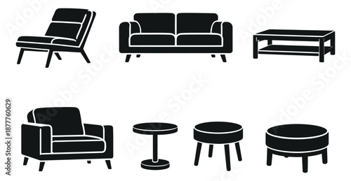 Minimalist living room furniture set featuring sofas, armchairs, and tables for home interior design