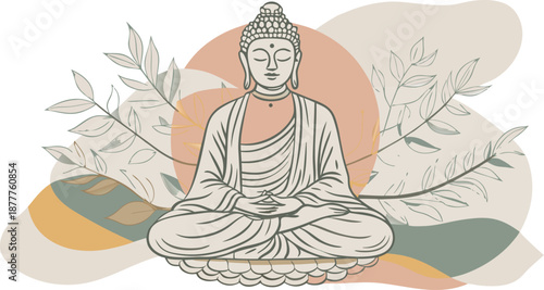 A serene illustration of buddha meditating in lotus position surrounded by abstract shapes and leaves isolated on transparent background, Vector