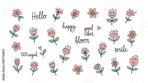 Whimsical Floral Design with Words: A collection of delightful, hand-drawn flowers and uplifting words creates a sense of joy and positivity.