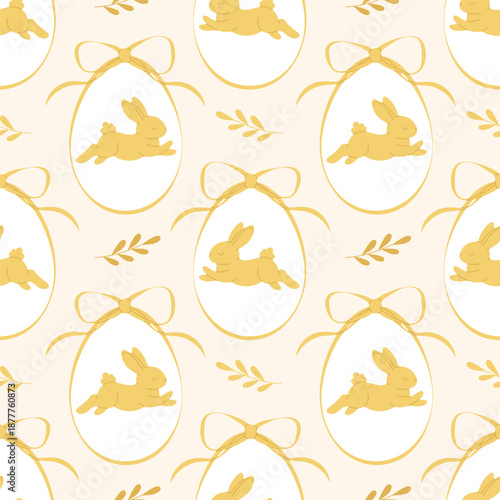 Easter pattern with yellow eggs decorated bows and sweet bunny characters. Soft spring branches on beige background. Cute pastel design for Easter wrapping paper and home decor.
