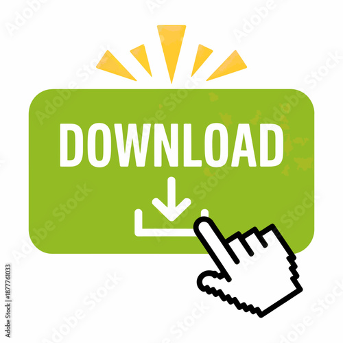 Digital download button in vibrant green highlighted with a pointing hand cursor ready for action