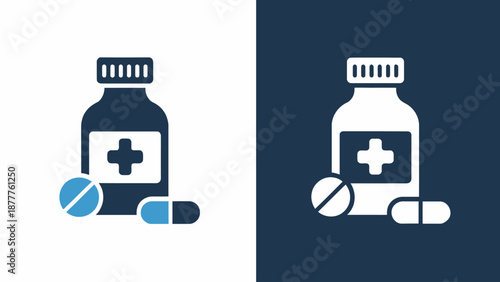 Medical bottle with pills icon set for healthcare needs