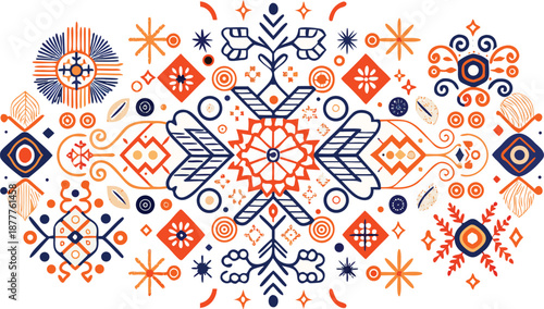 Intricate winter holiday folk art ornament with geometric shapes and stylized flowers isolated on transparent background, Vector