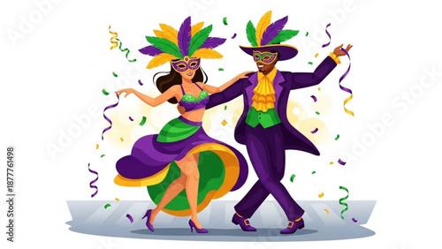 Mardi gras dancers in purple green and gold costumes celebrating with feathers and confetti