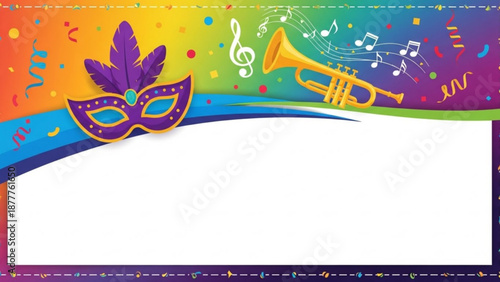 Vibrant mardi gras background with purple mask gold trumpet and colorful musical notes on rainbow gradient