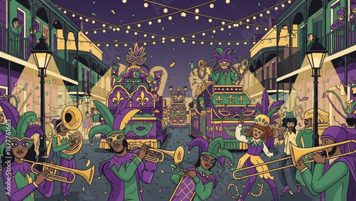 Mardi gras celebration with jazz band playing brass instruments on festive street at night