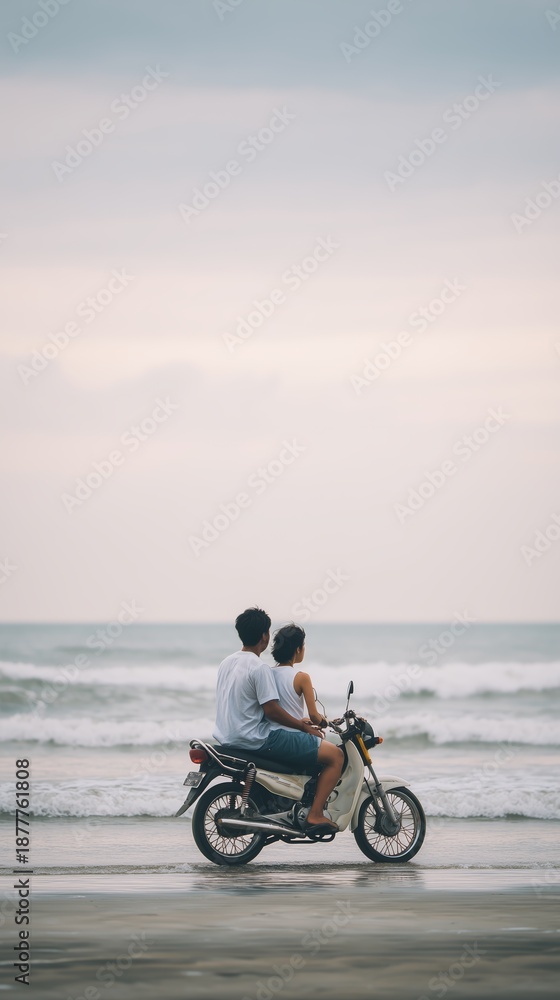 Fototapeta premium Couple riding motorcycle on beach in daytime. Rear view of man and woman on motorbike near ocean waves, soft sky background, travel and vacation concept.