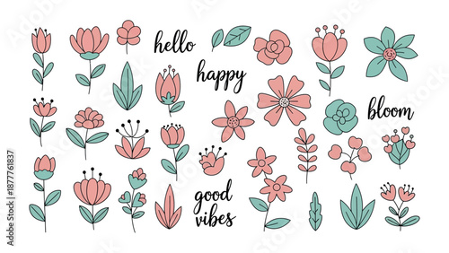 Floral Collection of Joyful Vibes: An assortment of beautifully designed flowers and inspirational phrases radiate positivity and charm, creating a visual symphony of joy and freshness.