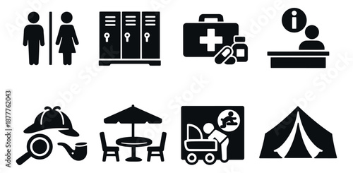 Modern glyph icon set featuring symbols for public facilities, healthcare, information, recreation, and daily life for graphic design elements