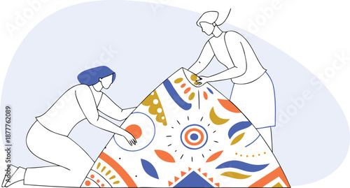 Two women collaborating on a creative project with colorful patterns isolated on transparent background, Vector