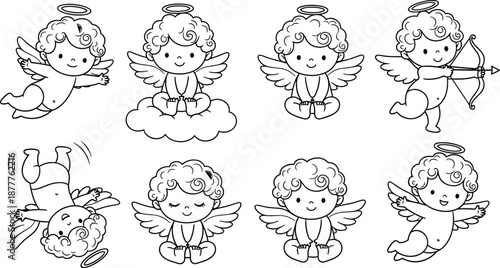 Cute cupid angel character set with wings halo bow love poses hand drawn line art vector illustration isolated background