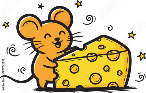 Cute cartoon mouse holding a large piece of cheese with happy expression
