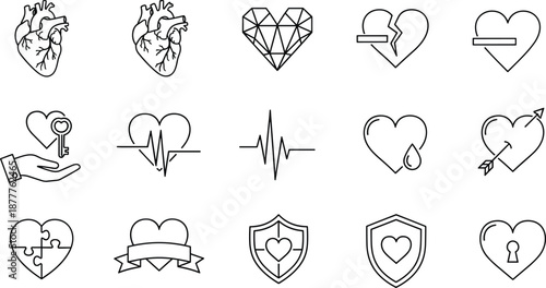 Minimal heart icons set including anatomy love protection heartbeat romance relationship symbols for medical emotional health design vector illustration collection