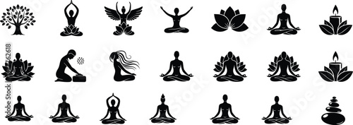 Yoga and meditation silhouettes collection with lotus poses mindfulness symbols spiritual wellness icons relaxation balance black vector illustration set