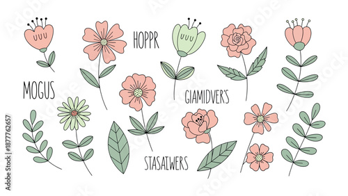 Floral Elements: A collection of hand-drawn floral illustrations, with delicate petals, graceful stems, and a palette of soft hues.