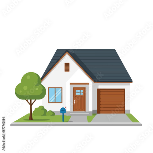 A small house with a garage and tree in front on a green lawn against a white background.