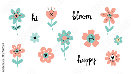 Floral Bliss: A vibrant collection of floral elements springs to life, each delicate petal and heart-shaped detail crafted to bring joy and celebrate the bloom of happiness. 