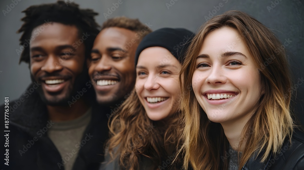 Fototapeta premium A diverse group of four friends two men and two women share genuine laughter and smiles outdoors exuding happiness and camaraderie
