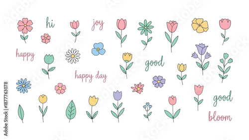 Playful Floral Emblems: A charming collection of hand-drawn floral emblems and inspiring messages, perfect for creative projects or adding a touch of springtime joy.