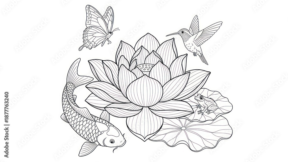 Naklejka premium Black and white illustration of lotus flower with animals for coloring pages