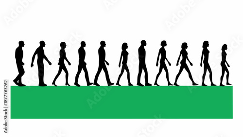 Evolution of human figures walking in a line on green platform