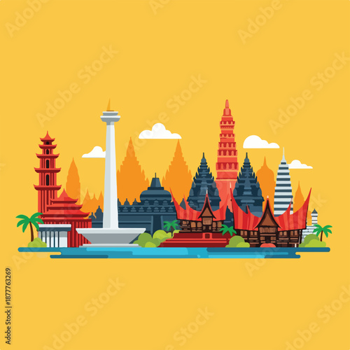 A colorful illustration of various Asian-style buildings