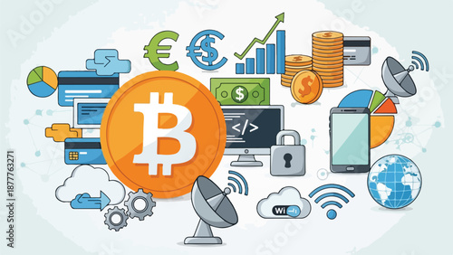 A colorful illustration of various digital currency and finance icons