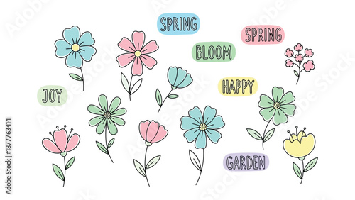 Floral Wonderland: A whimsical collection of vibrant flowers, each hand-drawn with intricate detail and charming pastel hues, evokes the essence of spring.