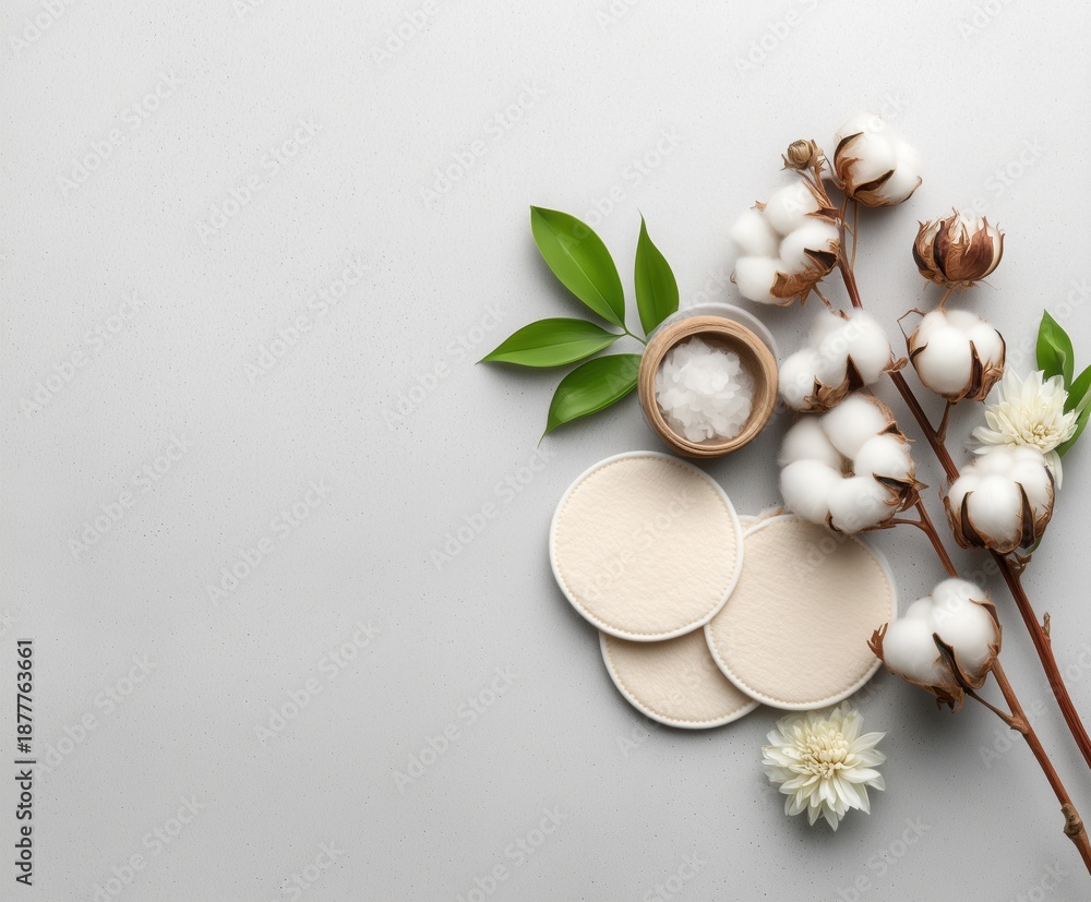 Obraz premium Eco skincare flat lay featuring organic cotton bolls on branch, reusable cotton pads, small salt jar, green leaves, and white daisy on light gray background