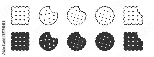 Biscuit and Cookie Icon Set, Sweet Snack and Bakery Treat Symbols, Outline, Solid and Color Styles, Vector Illustration