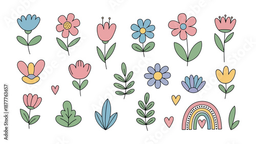 Whimsical Floral Collection: A delightful arrangement of hand-drawn floral elements, showcasing an array of colorful blooms, leaves, and a charming rainbow.