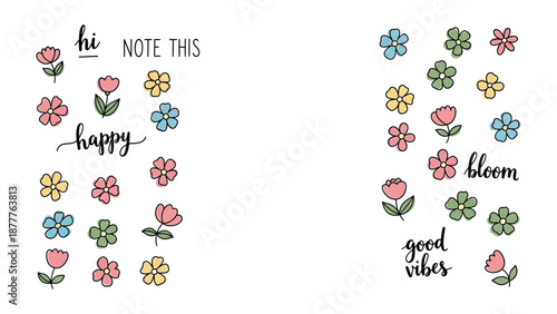 Floral Happiness: An array of vibrant flowers and joyful words dance across the frame, each petal whispering tales of positivity and growth. The image is a visual ode to blooming.