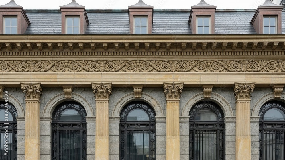 Obraz premium A historic building facade with ornate details and arched windows, featuring a mix of stone and brick materials.